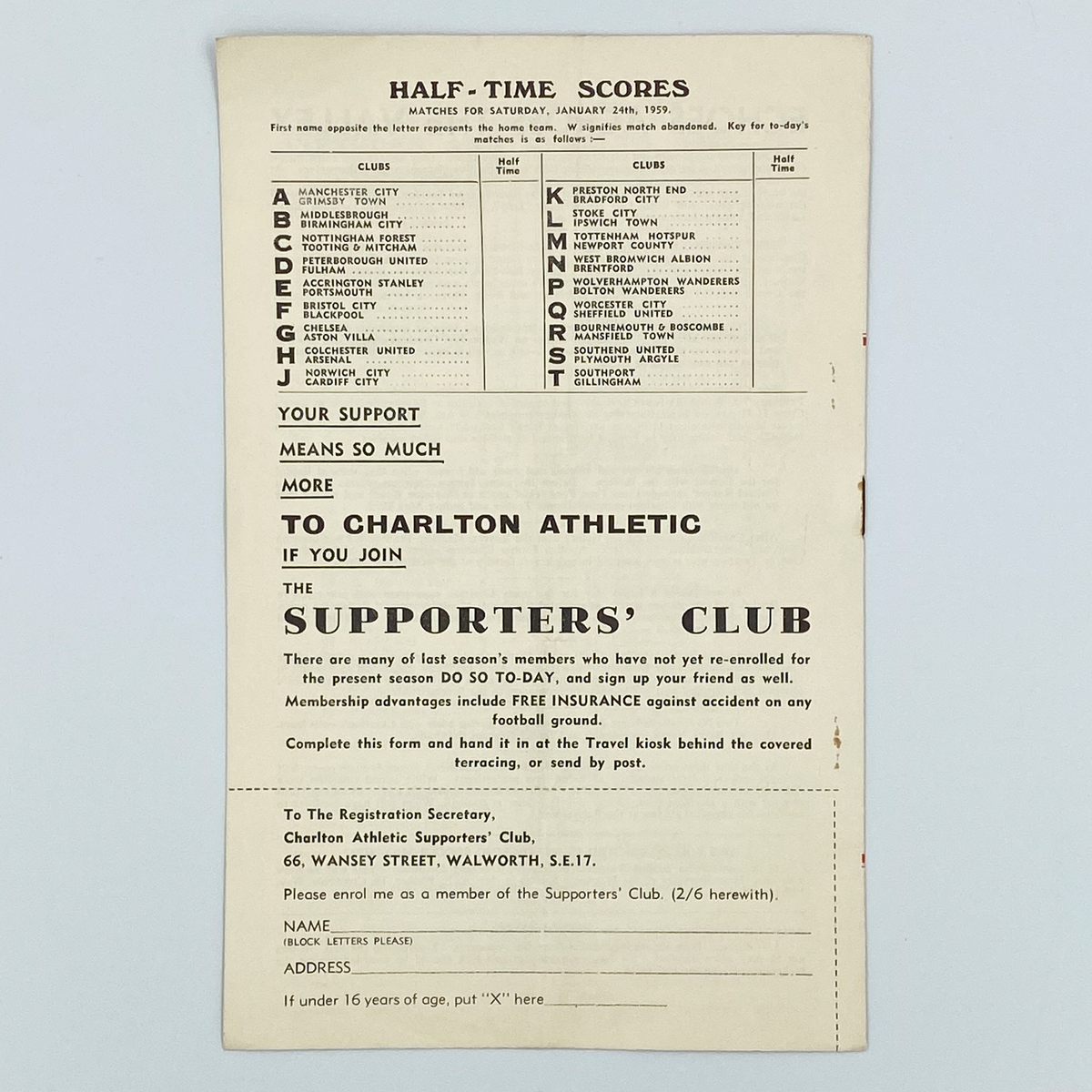 Charlton Athletic vs Everton Programme (24 January 1959)