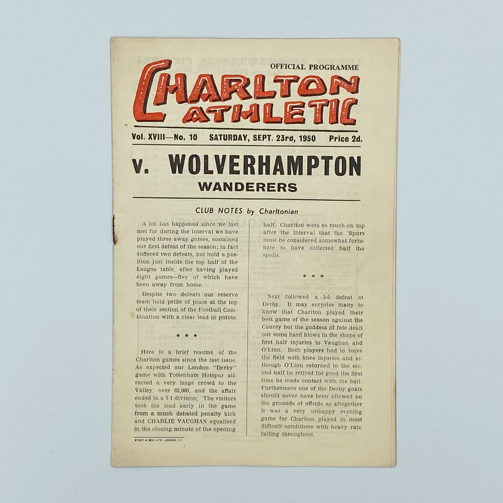 Charlton Athletic vs Wolverhampton Wanderers Programme (23 September 1950)