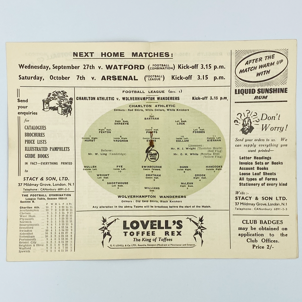 Charlton Athletic vs Wolverhampton Wanderers Programme (23 September 1950)