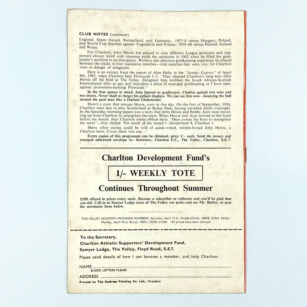 John Hewie Testimonial Programme (29 April 1965)