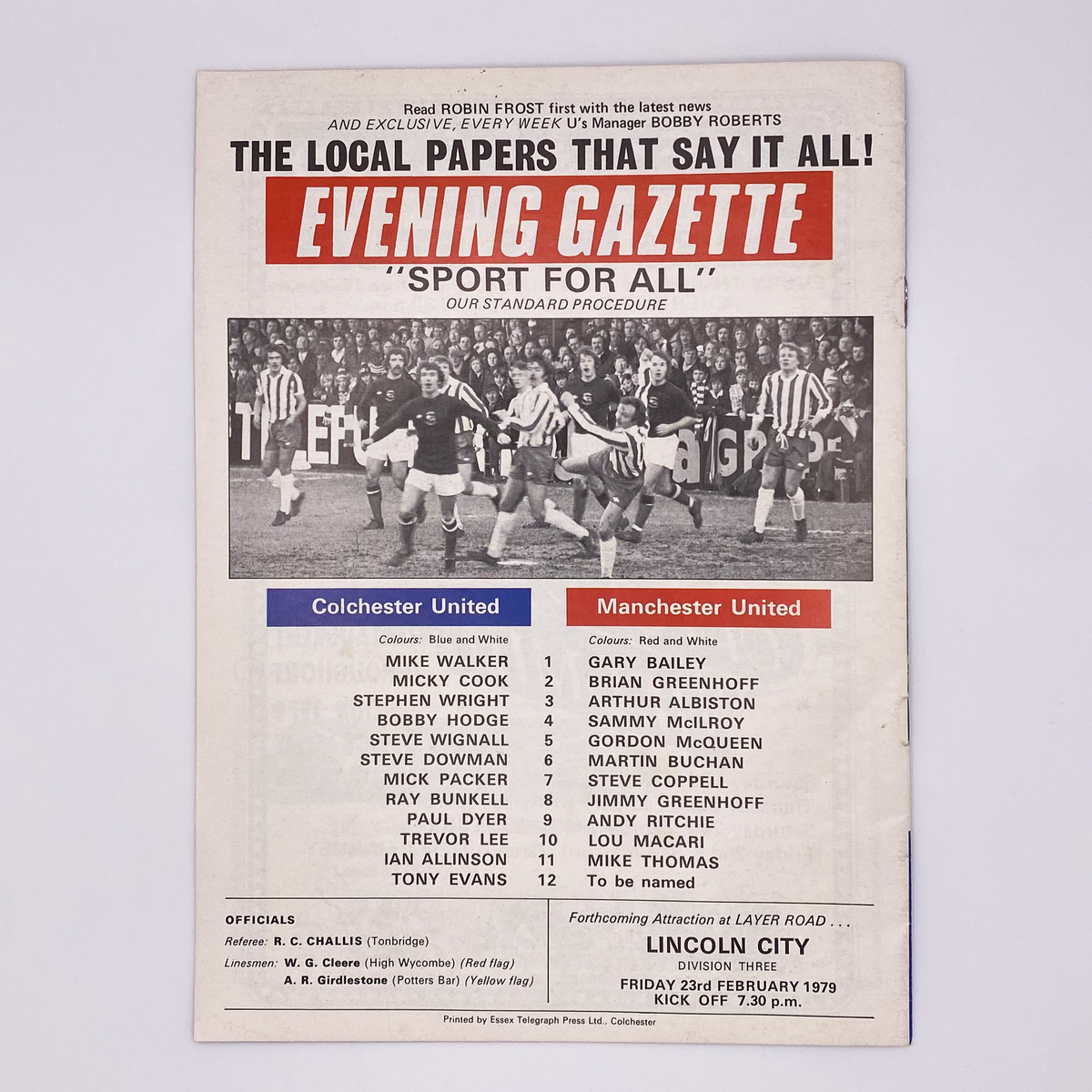 Colchester United vs Manchester United Programme (20 February 1979)