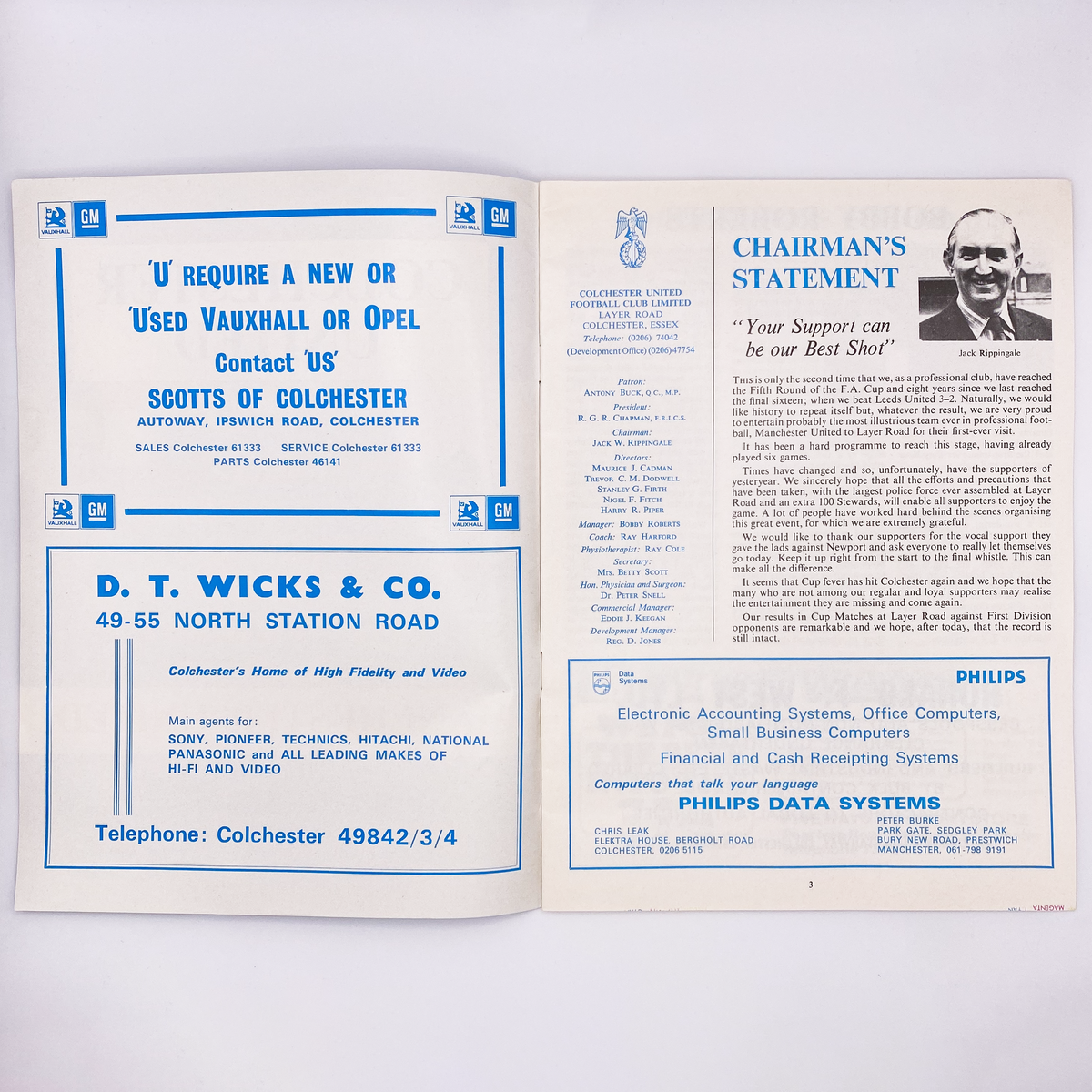 Colchester United vs Manchester United Programme (20 February 1979)
