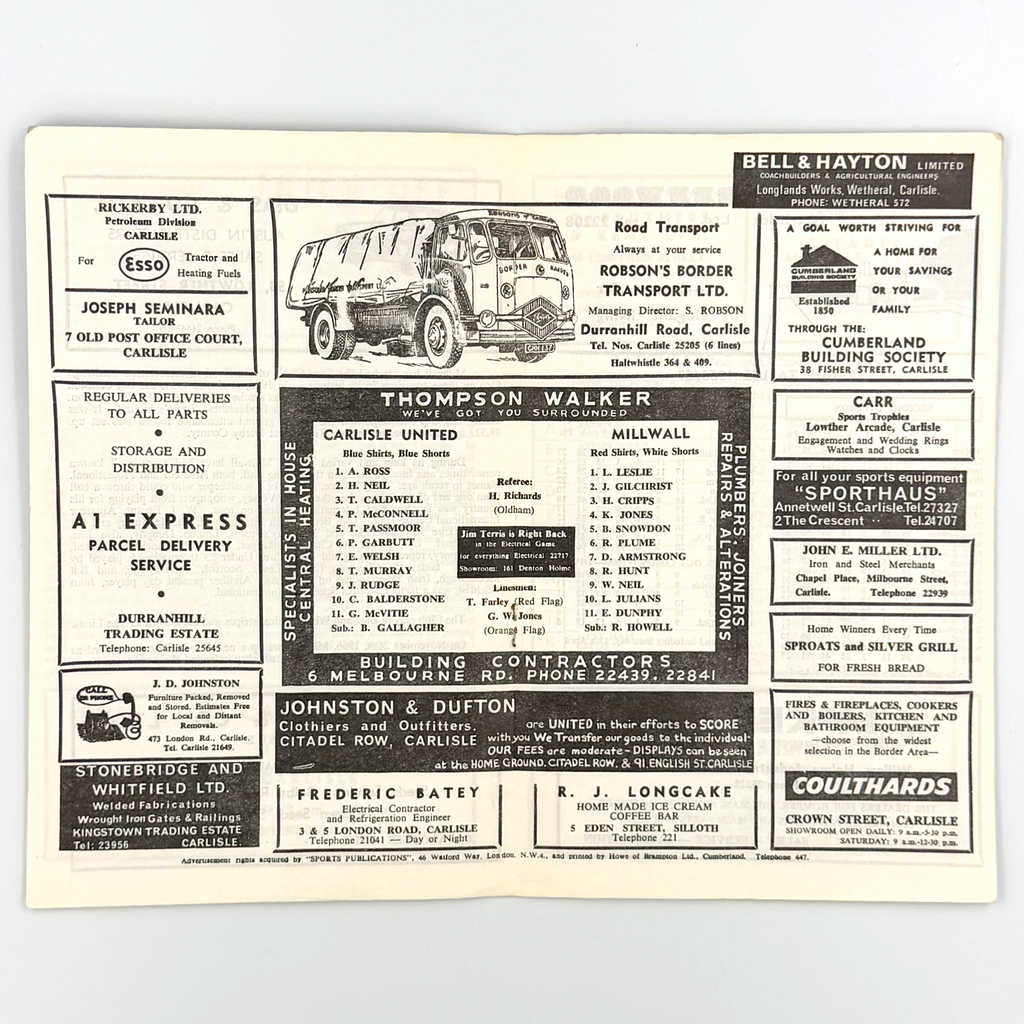 Carlisle United vs Millwall Programme (22 April 1967)
