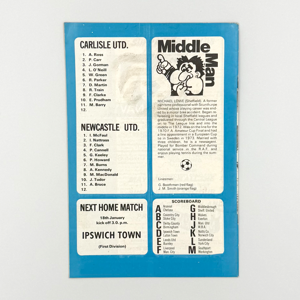 Carlisle United vs Newcastle United Programme (26 December 1974)