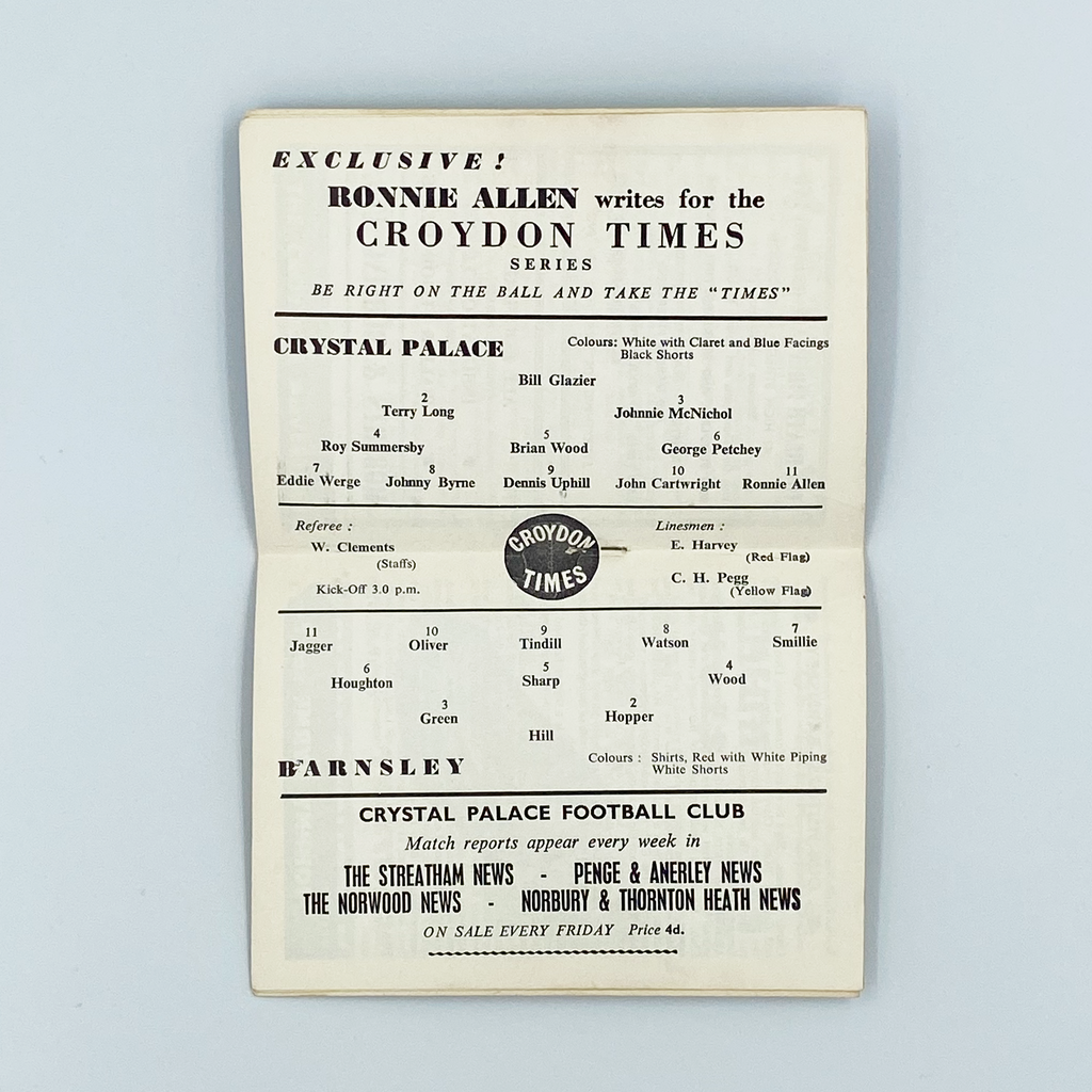 Crystal Palace vs Barnsley Programme (3 February 1962)