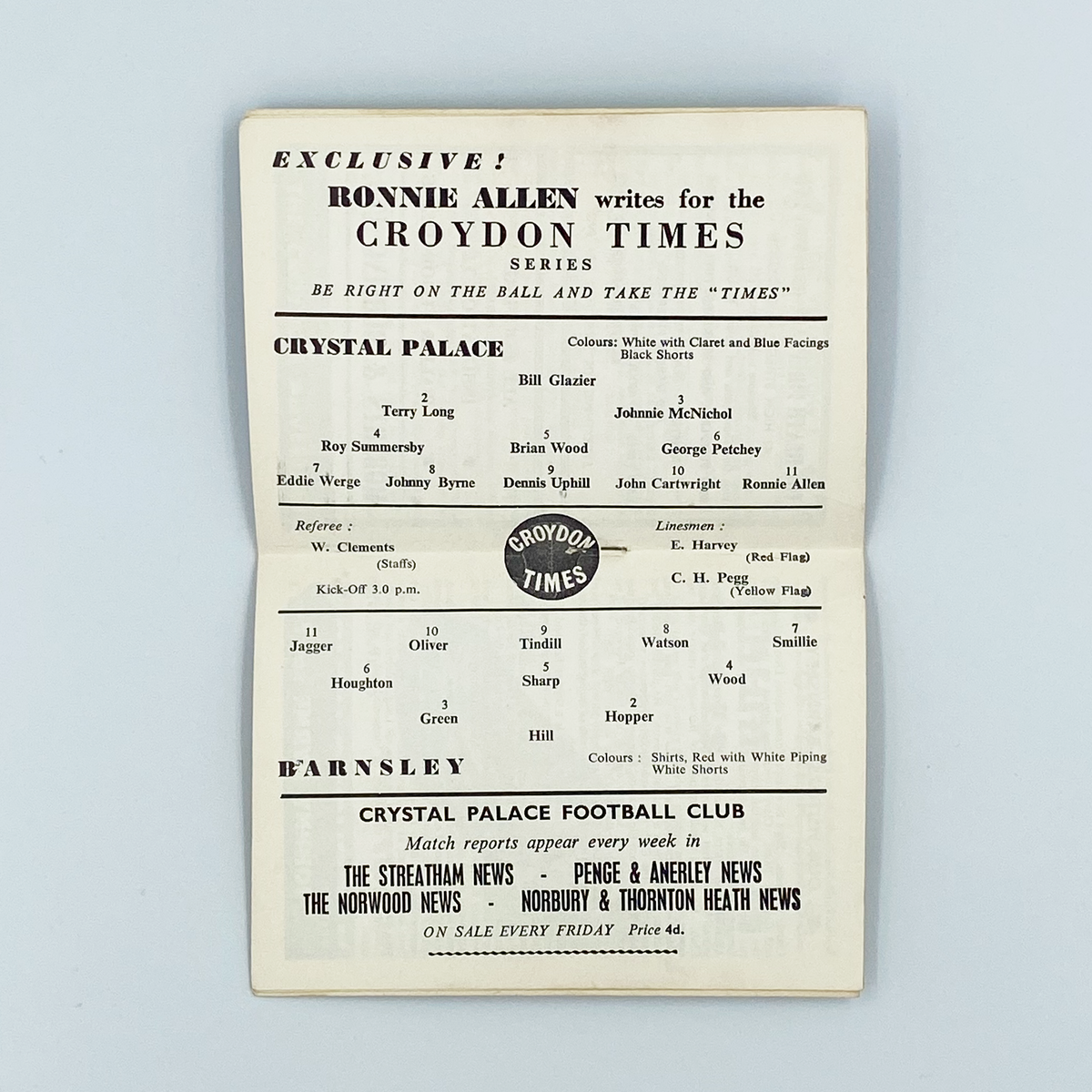Crystal Palace vs Barnsley Programme (3 February 1962)