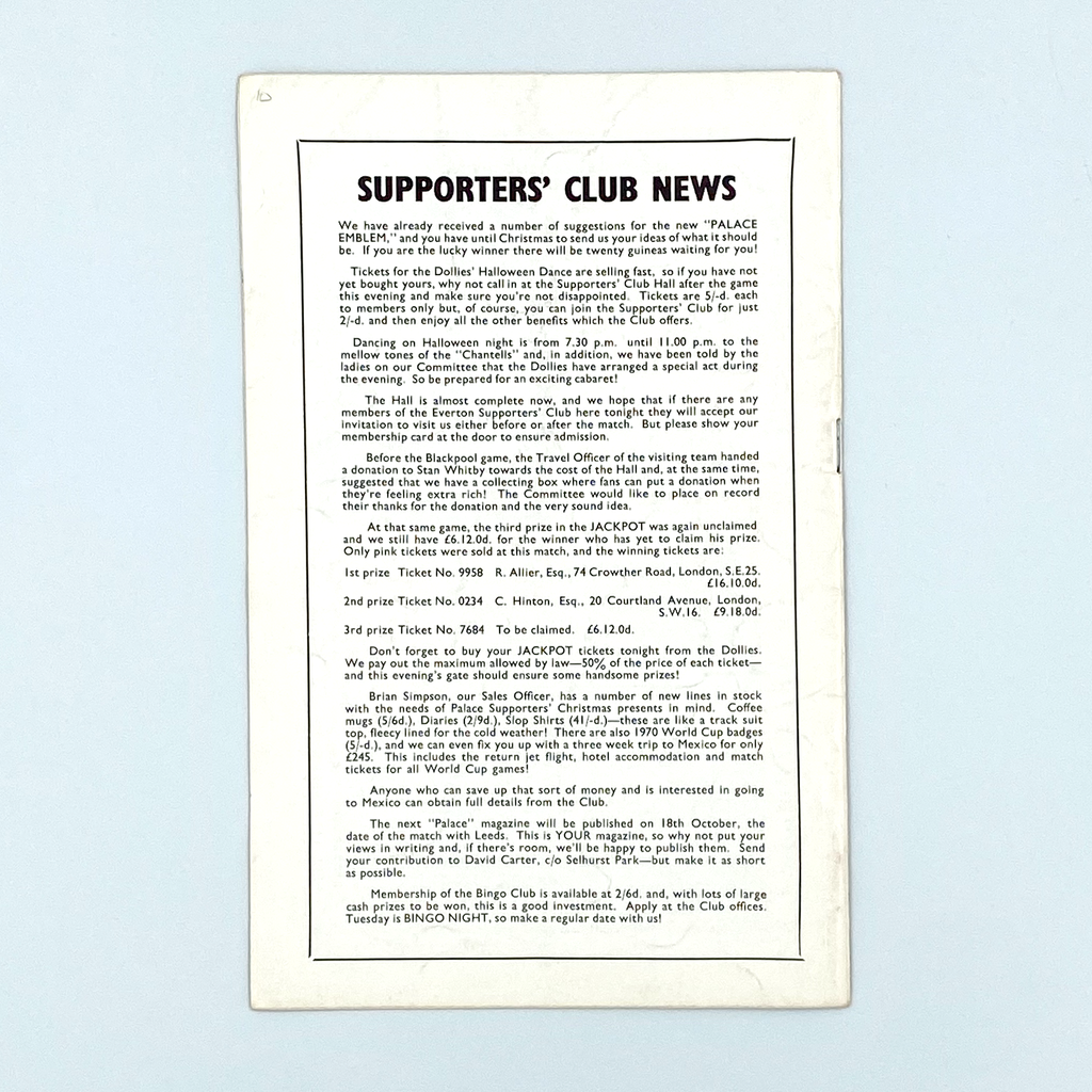 Crystal Palace vs Everton Programme (8 October 1969)