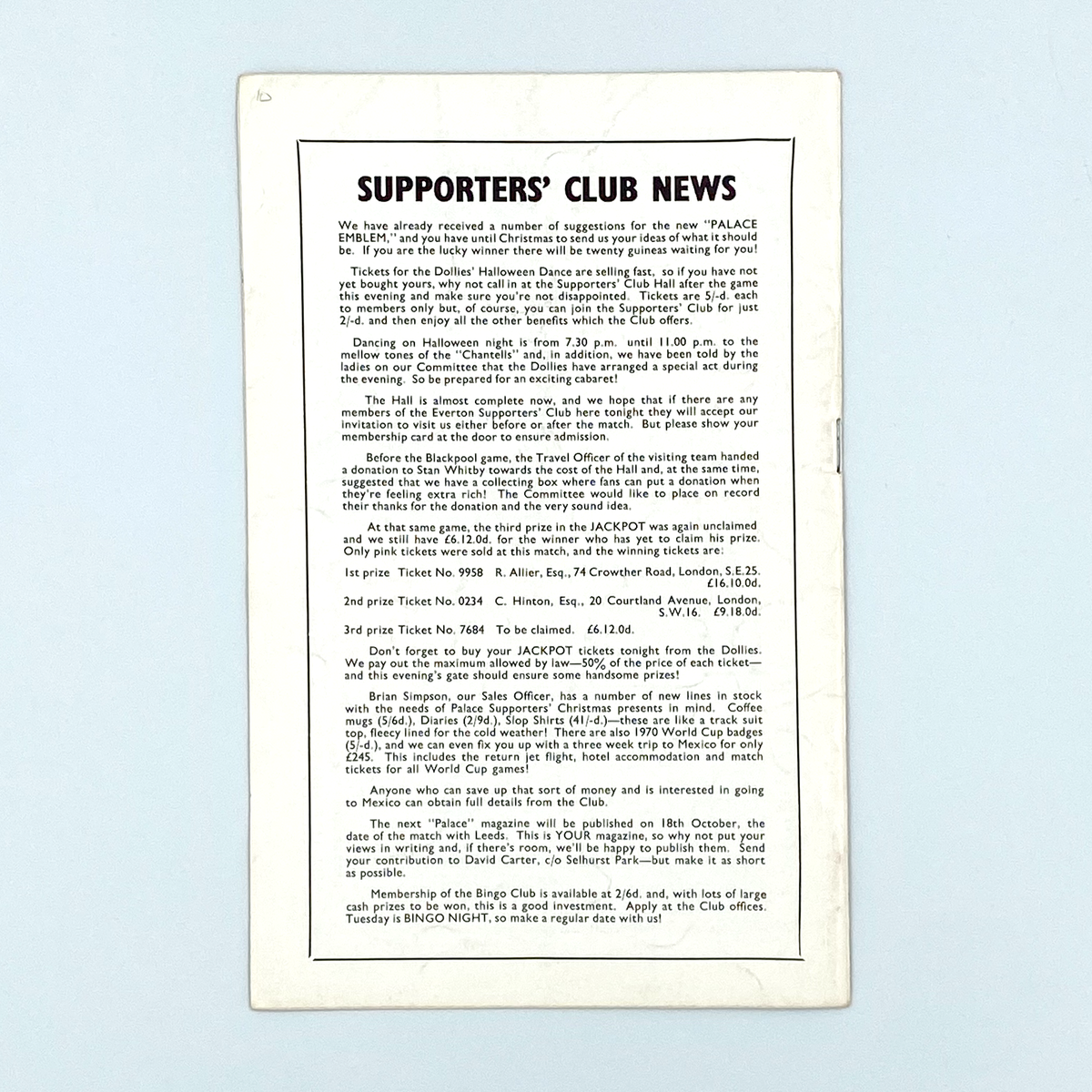 Crystal Palace vs Everton Programme (8 October 1969)