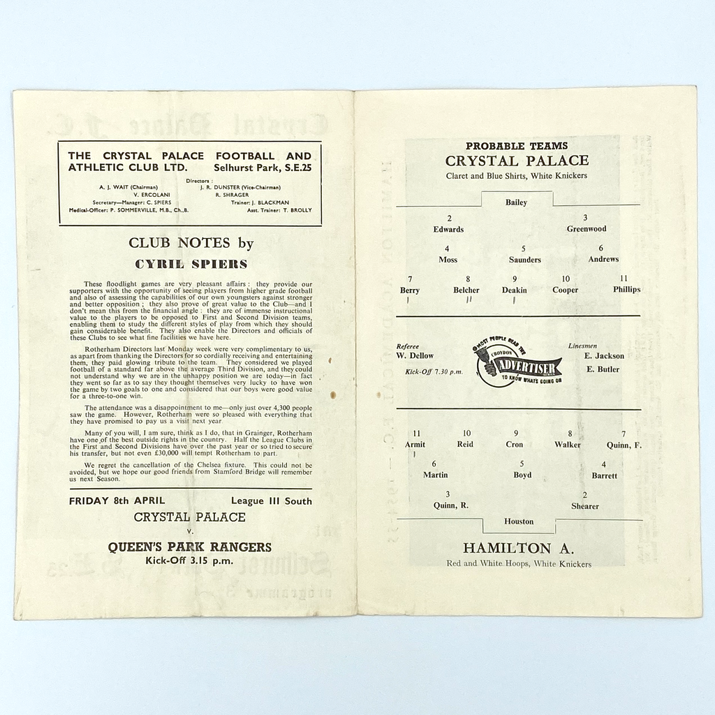 Crystal Palace vs Hamilton Academical Programme (4 April 1955)