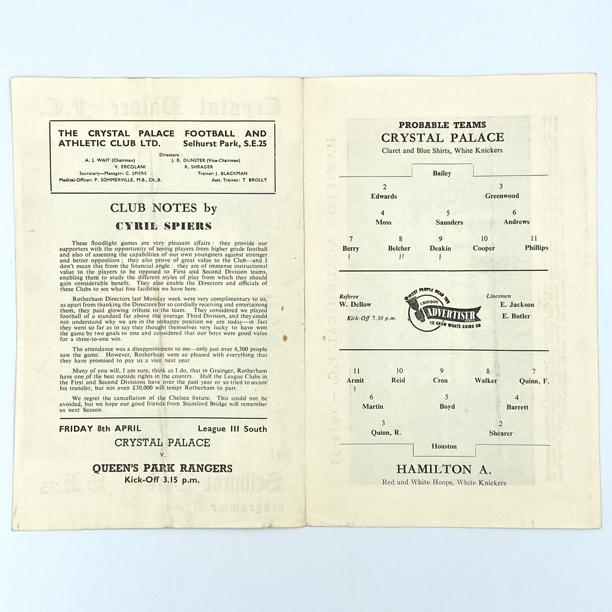 Crystal Palace vs Hamilton Academical Programme (4 April 1955)