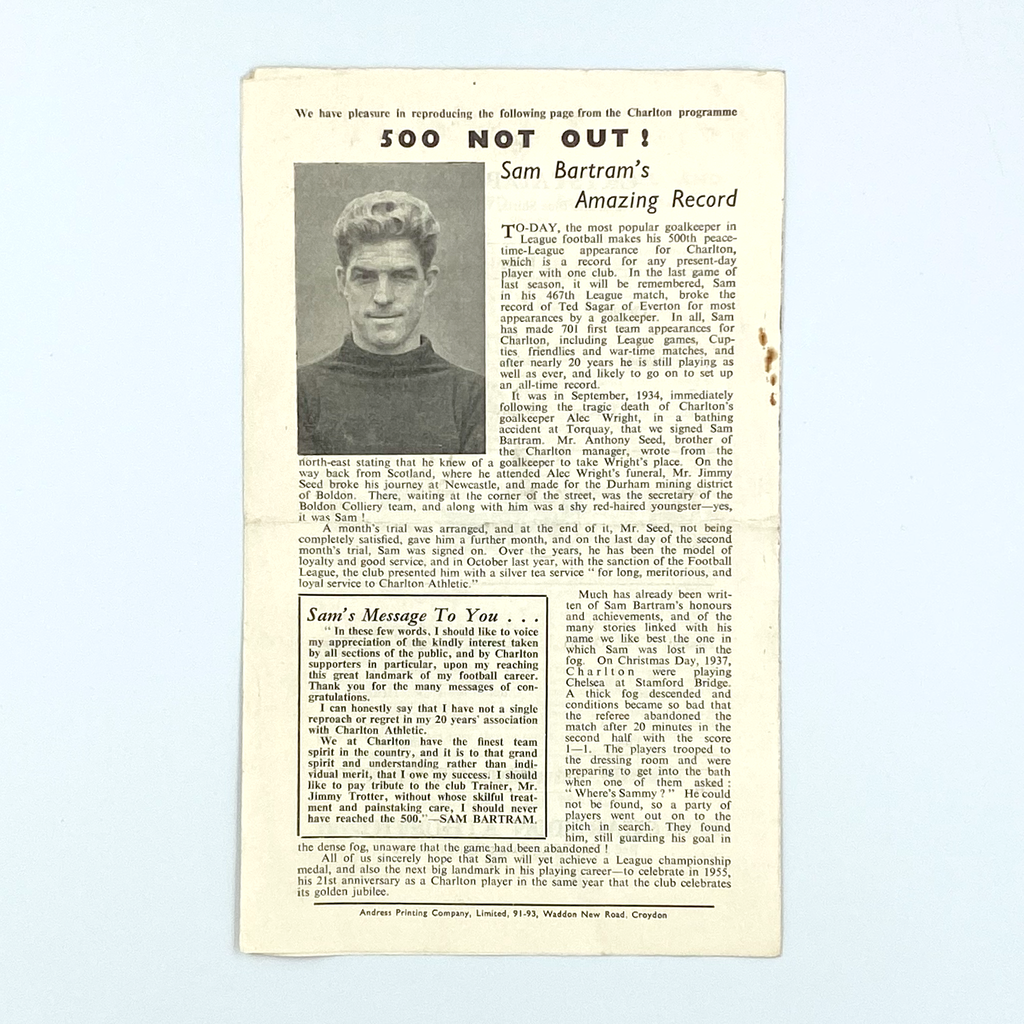 Crystal Palace vs Charlton Athletic Programme (9 March 1954)