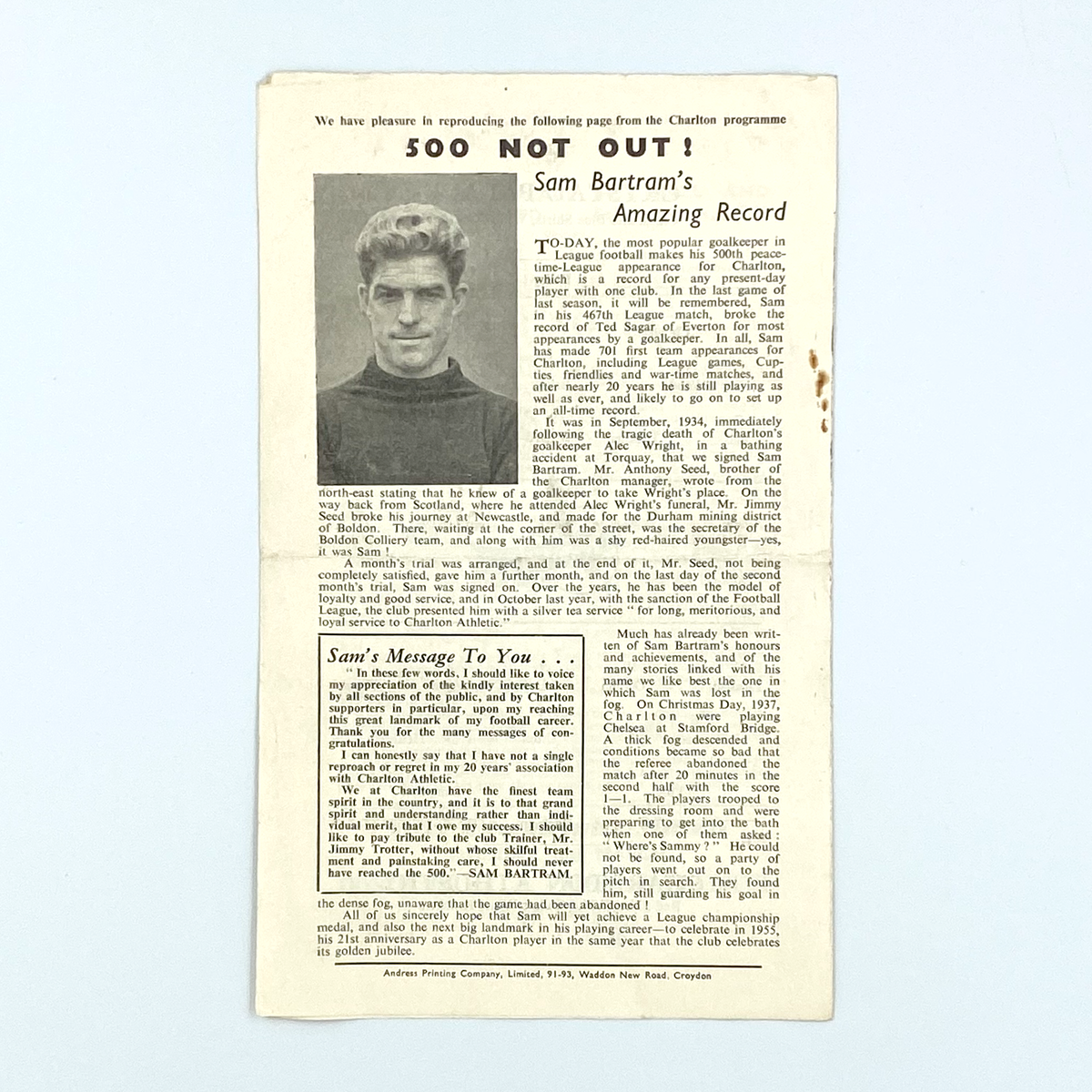 Crystal Palace vs Charlton Athletic Programme (9 March 1954)