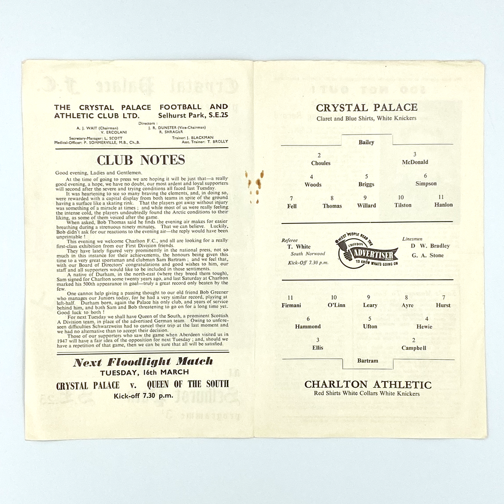 Crystal Palace vs Charlton Athletic Programme (9 March 1954)