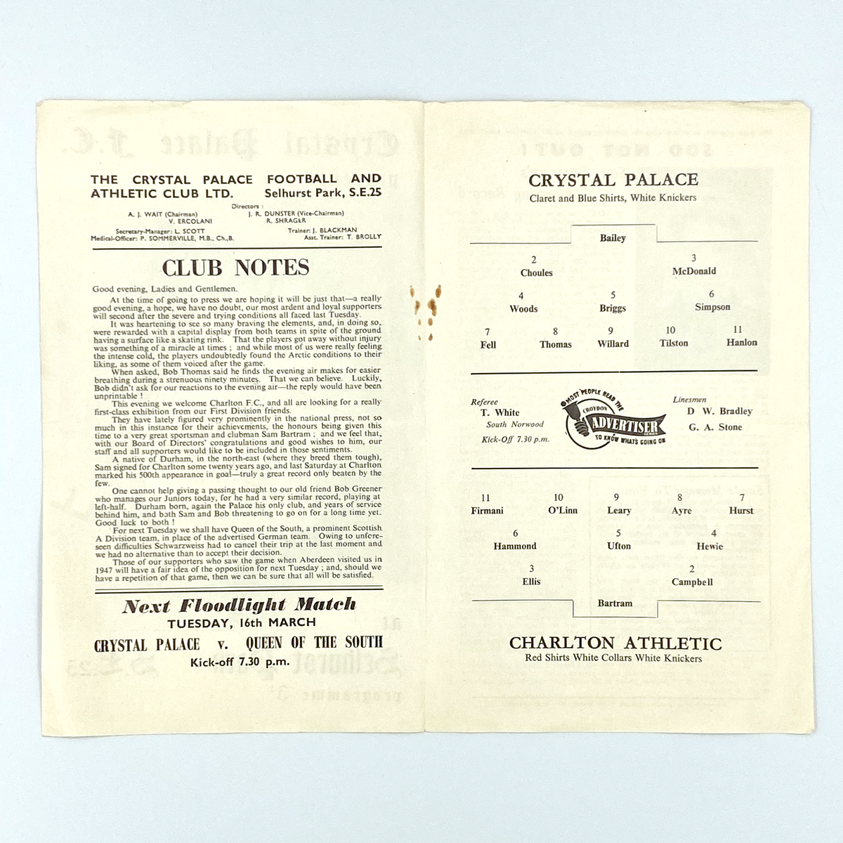 Crystal Palace vs Charlton Athletic Programme (9 March 1954)