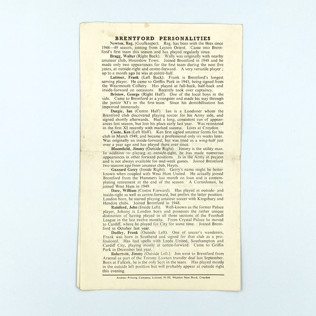 Crystal Palace vs Brentford Programme (2 March 1954)