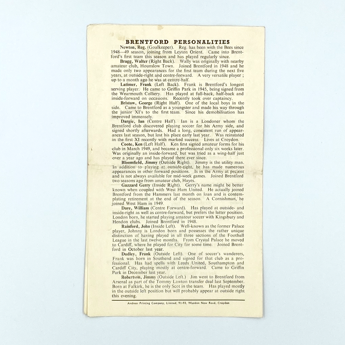Crystal Palace vs Brentford Programme (2 March 1954)