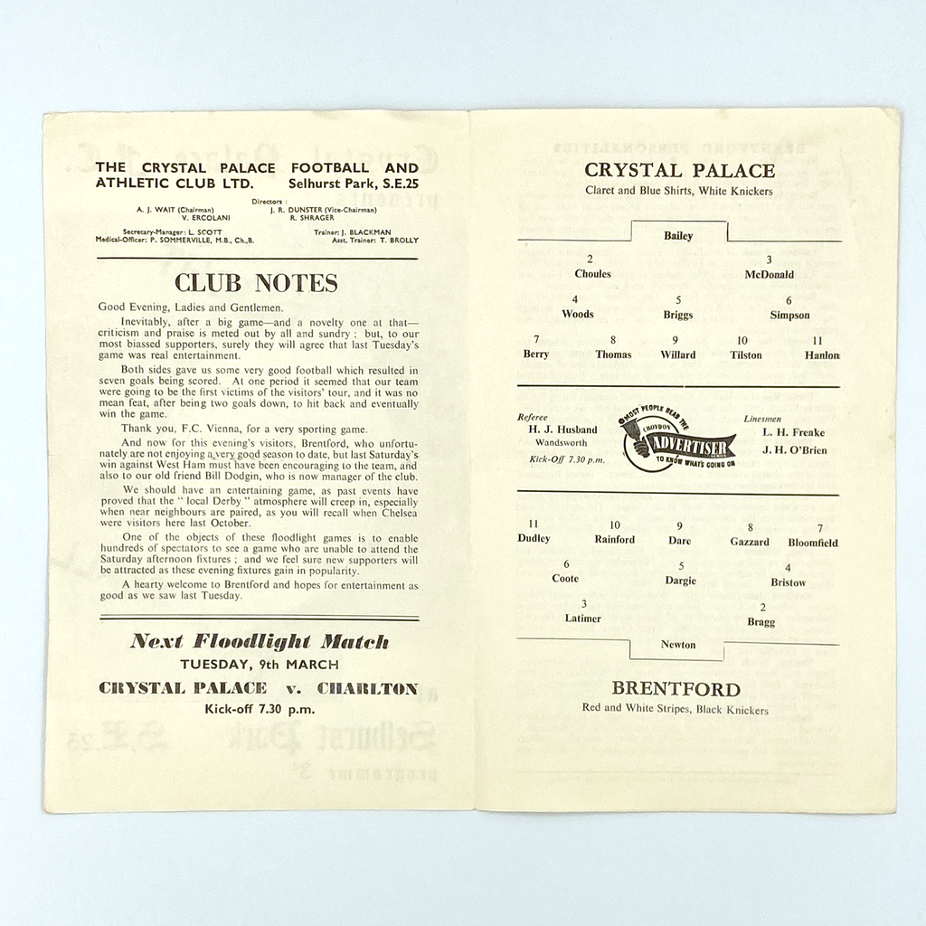 Crystal Palace vs Brentford Programme (2 March 1954)