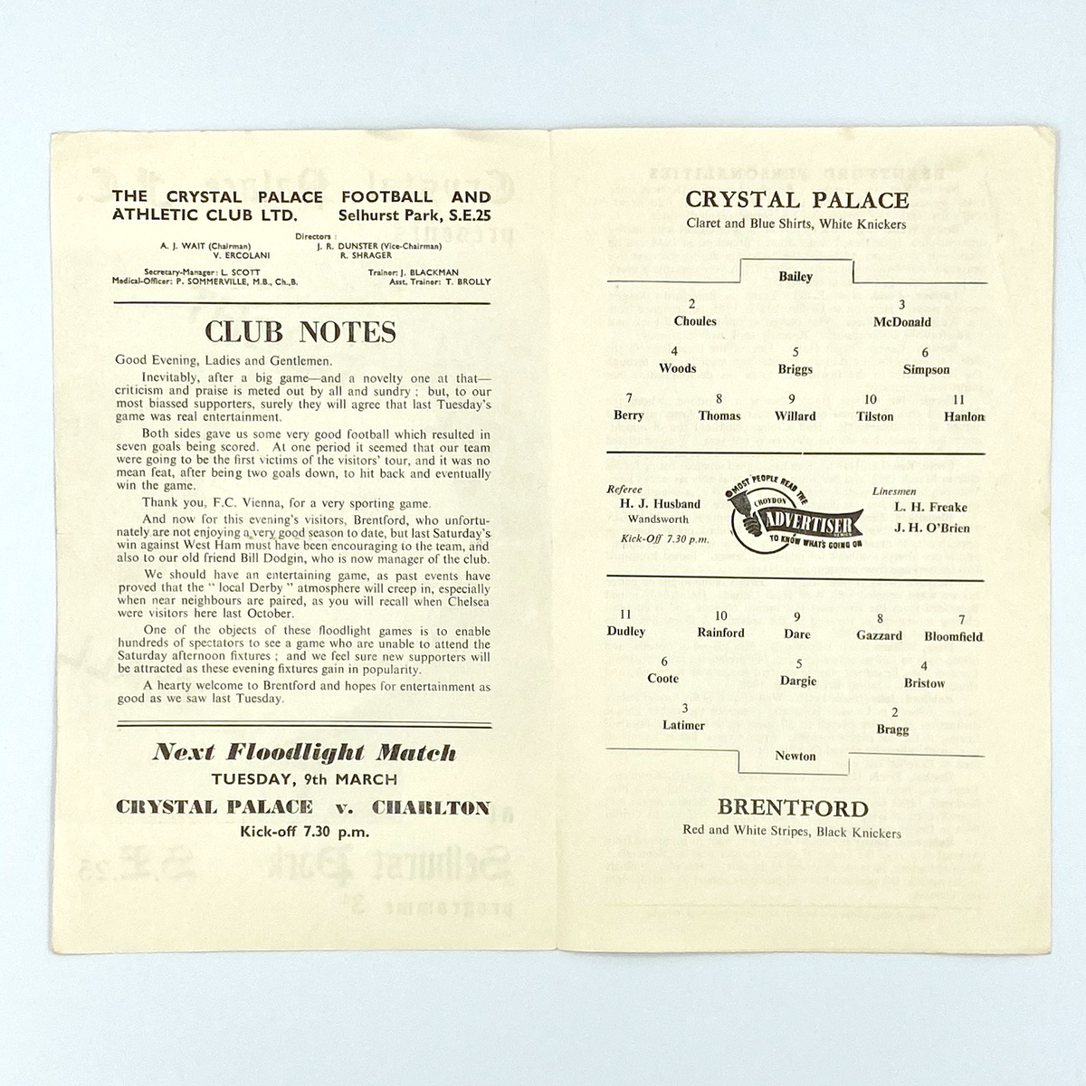 Crystal Palace vs Brentford Programme (2 March 1954)