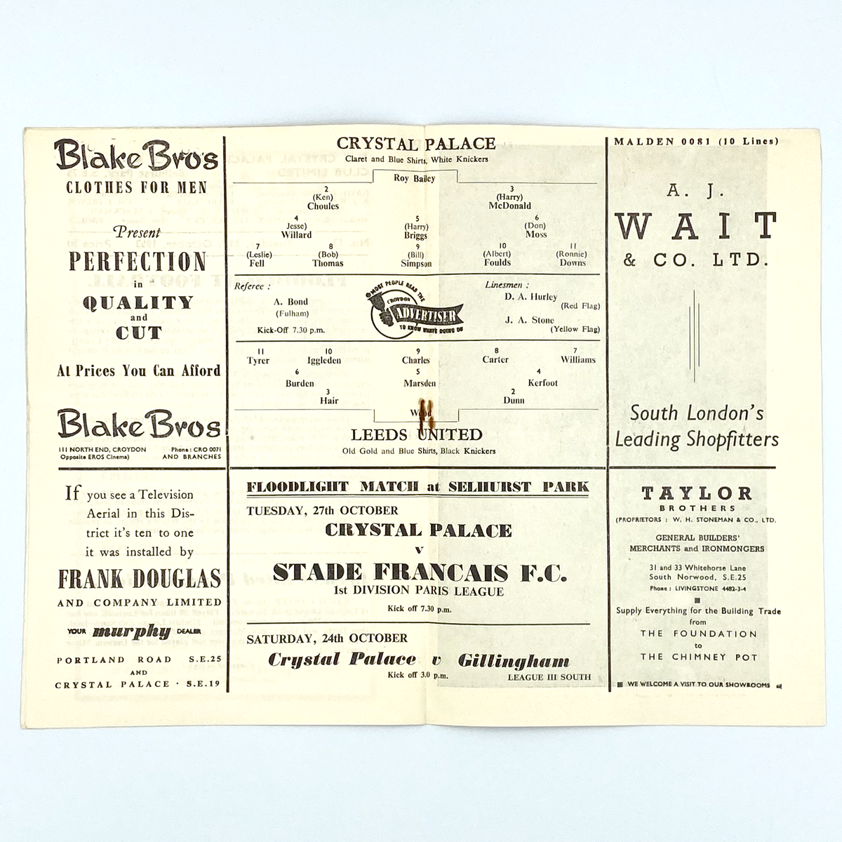 Crystal Palace vs Leeds United Programme (20 October 1953)