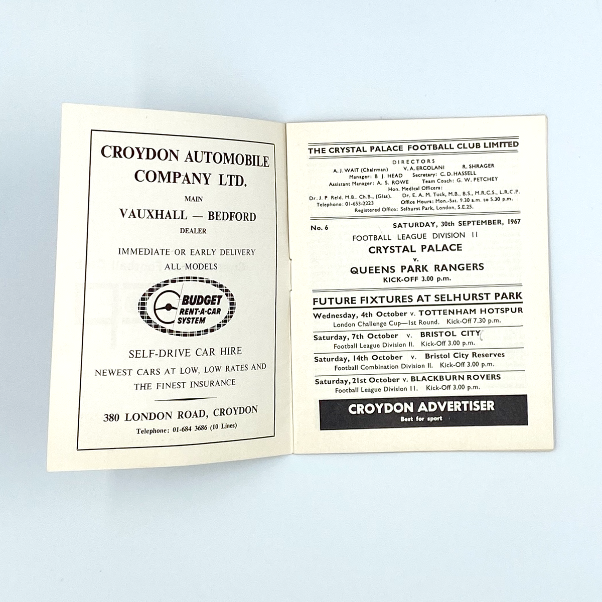 Crystal Palace vs Queens Park Rangers Programme (30 September 1967)