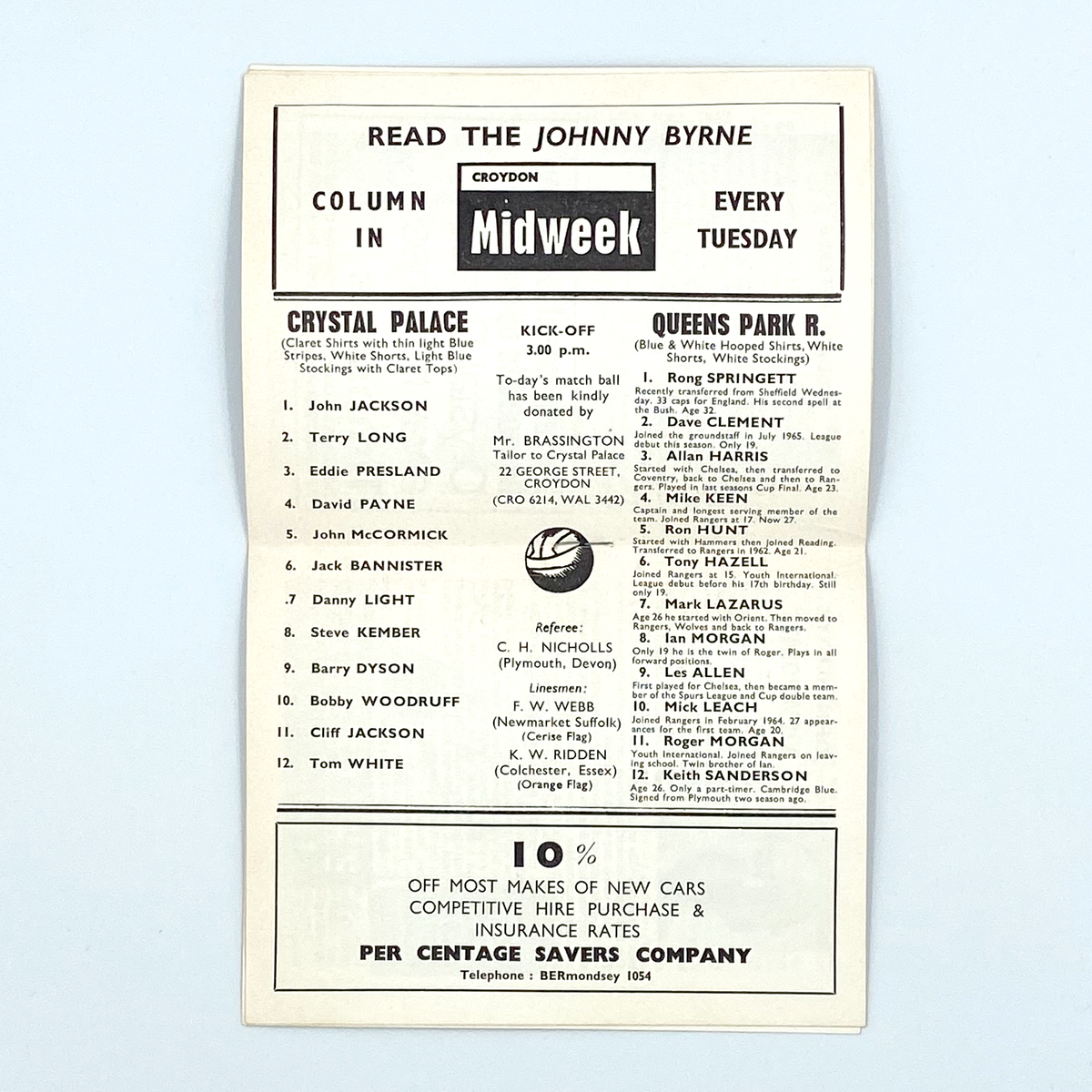 Crystal Palace vs Queens Park Rangers Programme (30 September 1967)
