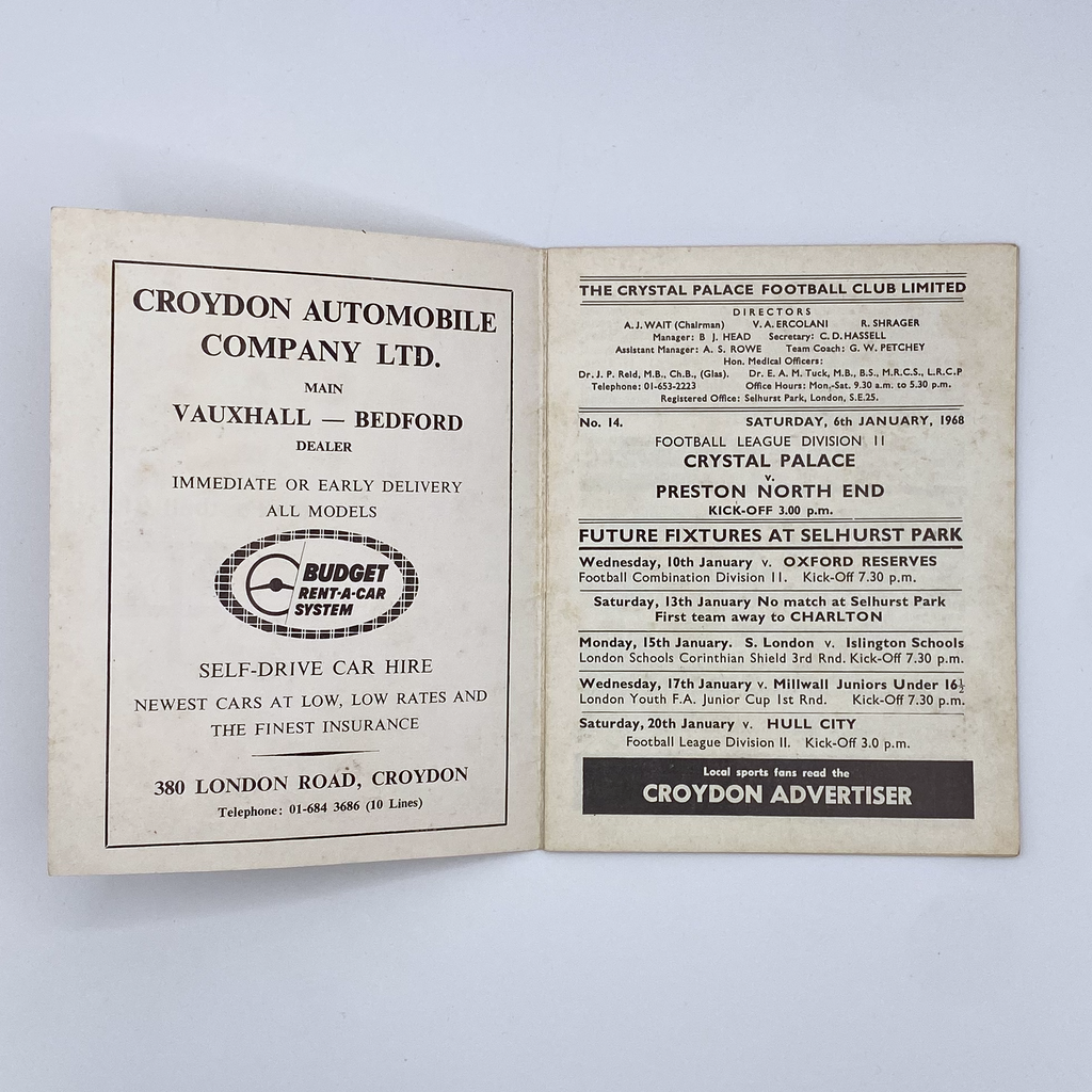 Crystal Palace vs Preston North End Programme (6 January 1968)