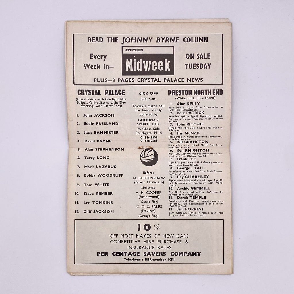 Crystal Palace vs Preston North End Programme (6 January 1968)