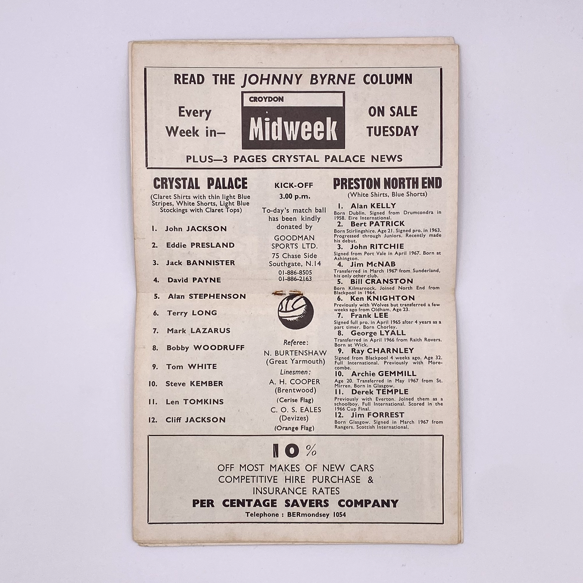 Crystal Palace vs Preston North End Programme (6 January 1968)