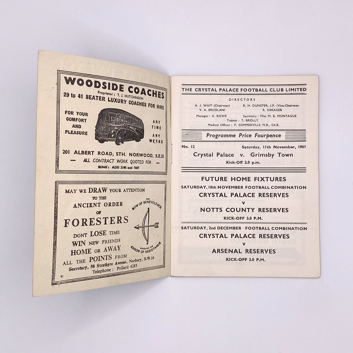 Crystal Palace vs Grimsby Town Programme (11 January 1961)