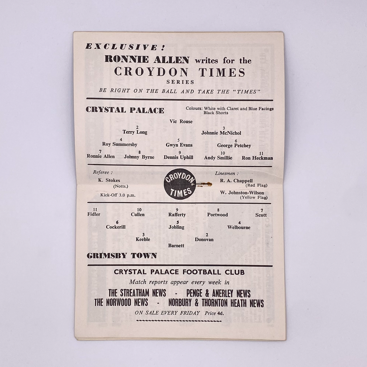 Crystal Palace vs Grimsby Town Programme (11 January 1961)