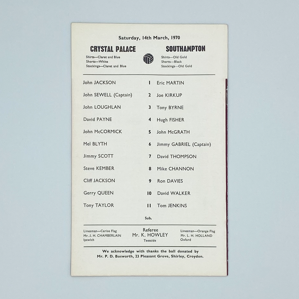 Crystal Palace vs Southampton Programme (14 March 1970)