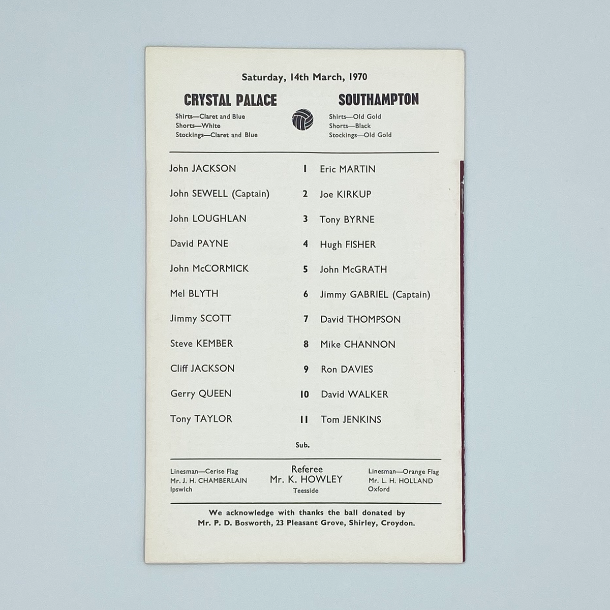Crystal Palace vs Southampton Programme (14 March 1970)