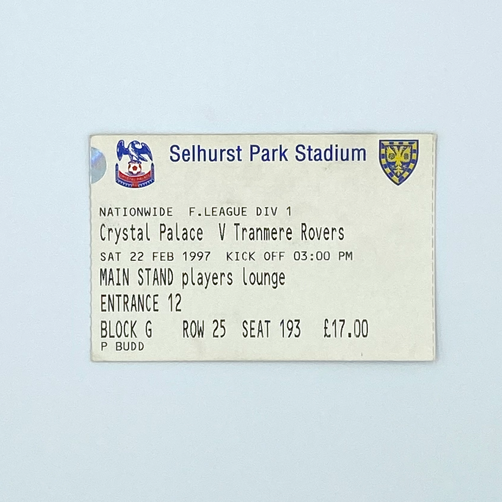 Crystal Palace vs Tranmere Rovers Programme & Ticket (22 February 1997)