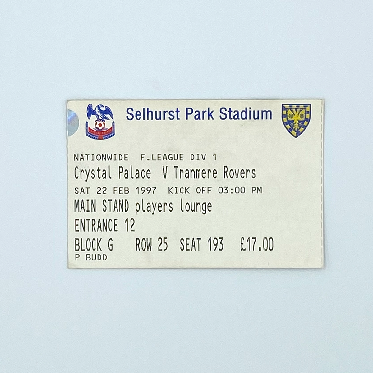 Crystal Palace vs Tranmere Rovers Programme & Ticket (22 February 1997)