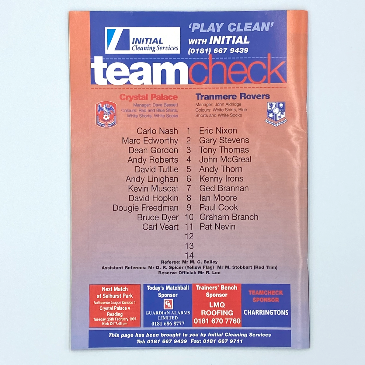 Crystal Palace vs Tranmere Rovers Programme & Ticket (22 February 1997)