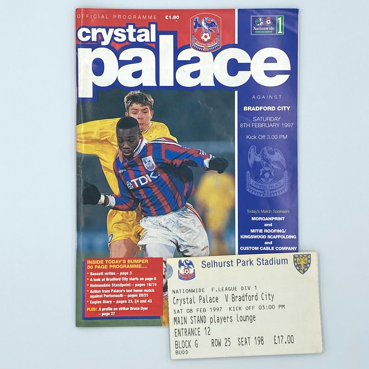 Crystal Palace vs Bradford City Programme & Ticket (8 February 1997)