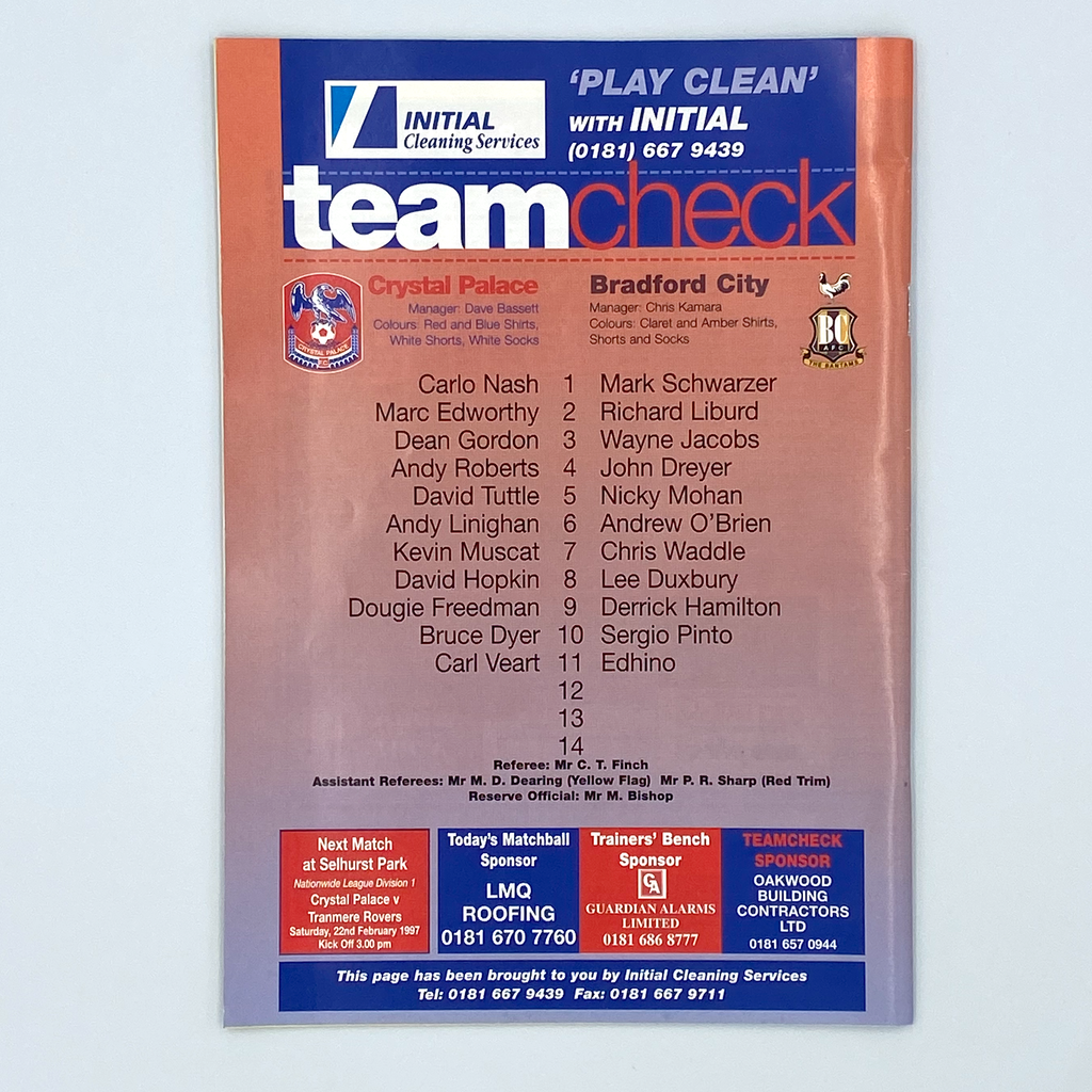 Crystal Palace vs Bradford City Programme & Ticket (8 February 1997)