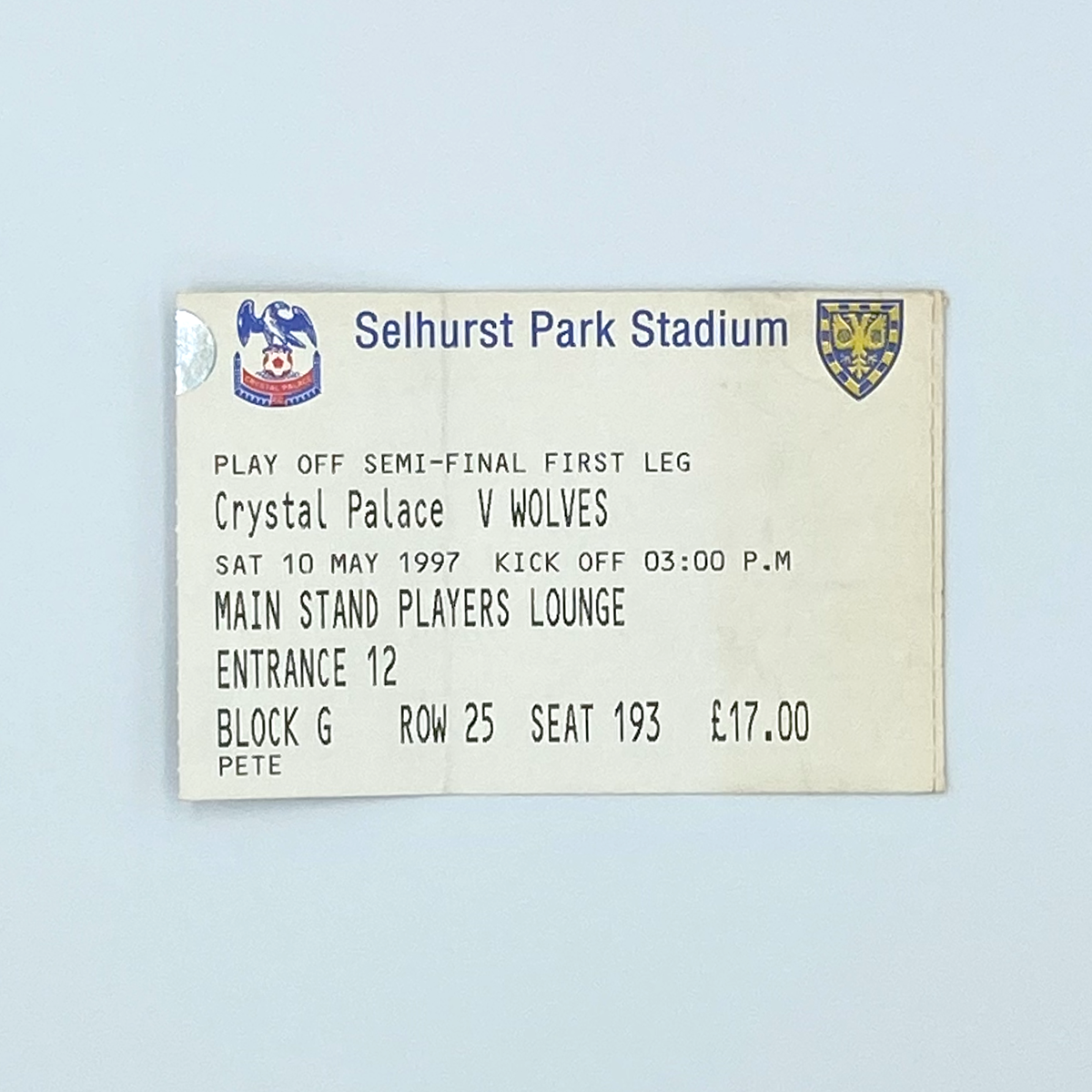 Crystal Palace vs Wolverhampton Wanderers Play-Off Semi-Final Programme & Ticket (10 May 1997)