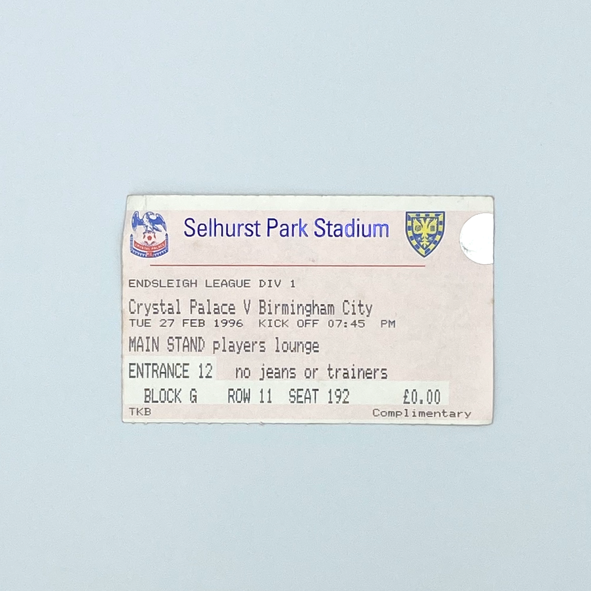 Crystal Palace vs Birmingham City Programme & Ticket (27 February 1996)