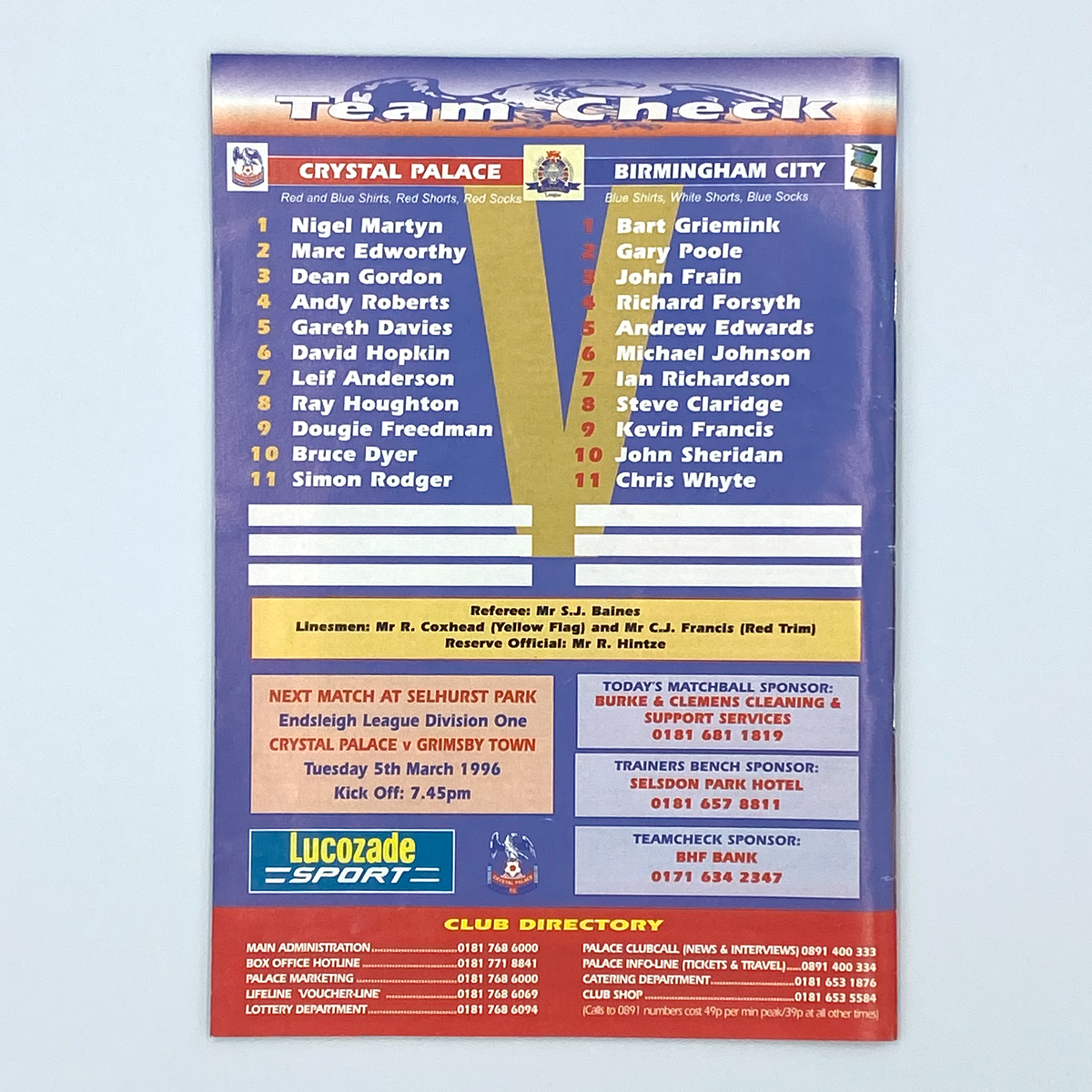 Crystal Palace vs Birmingham City Programme & Ticket (27 February 1996)
