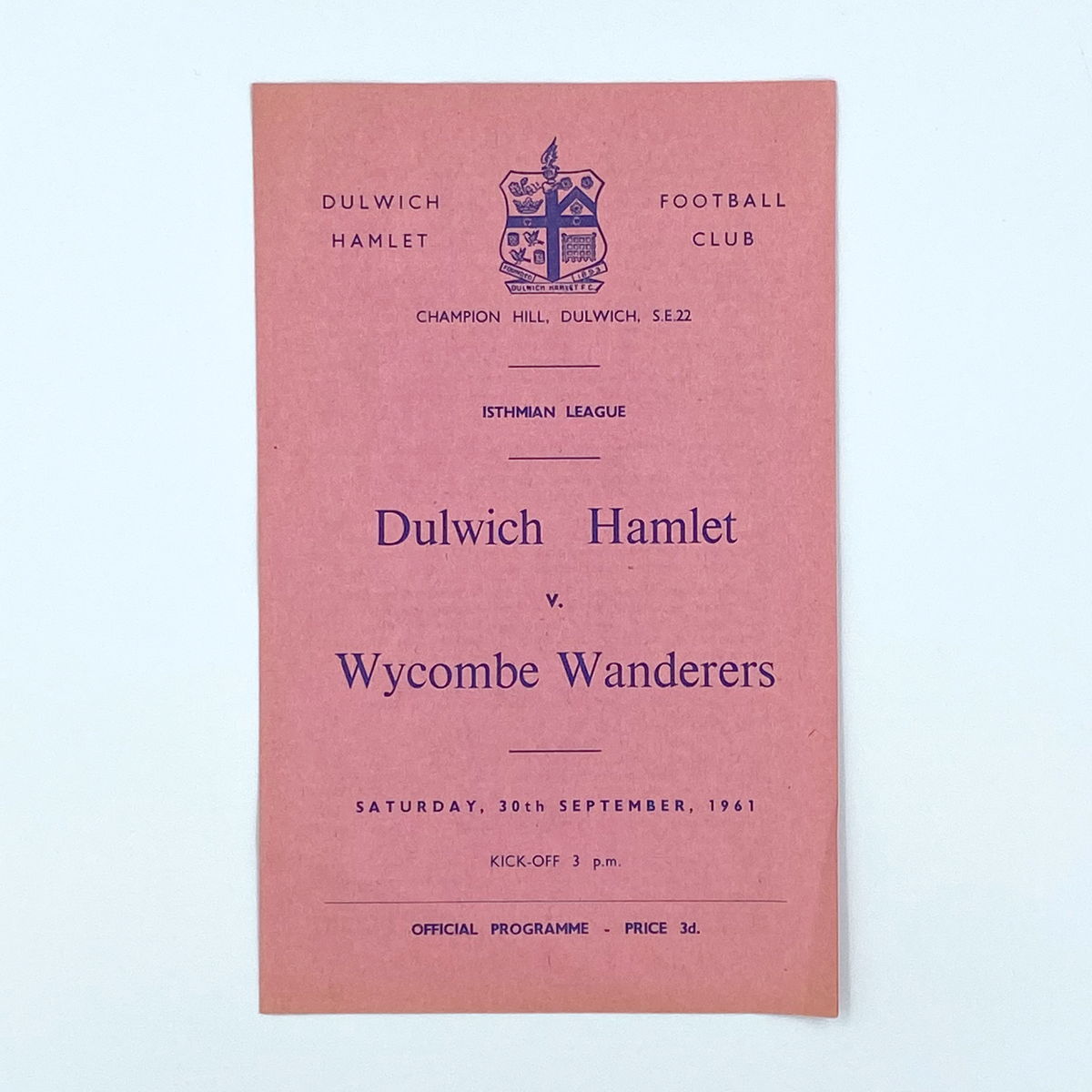 Dulwich Hamlet vs Wycombe Wanderers Programme (20 September 1961)