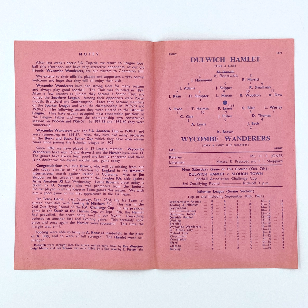 Dulwich Hamlet vs Wycombe Wanderers Programme (20 September 1961)