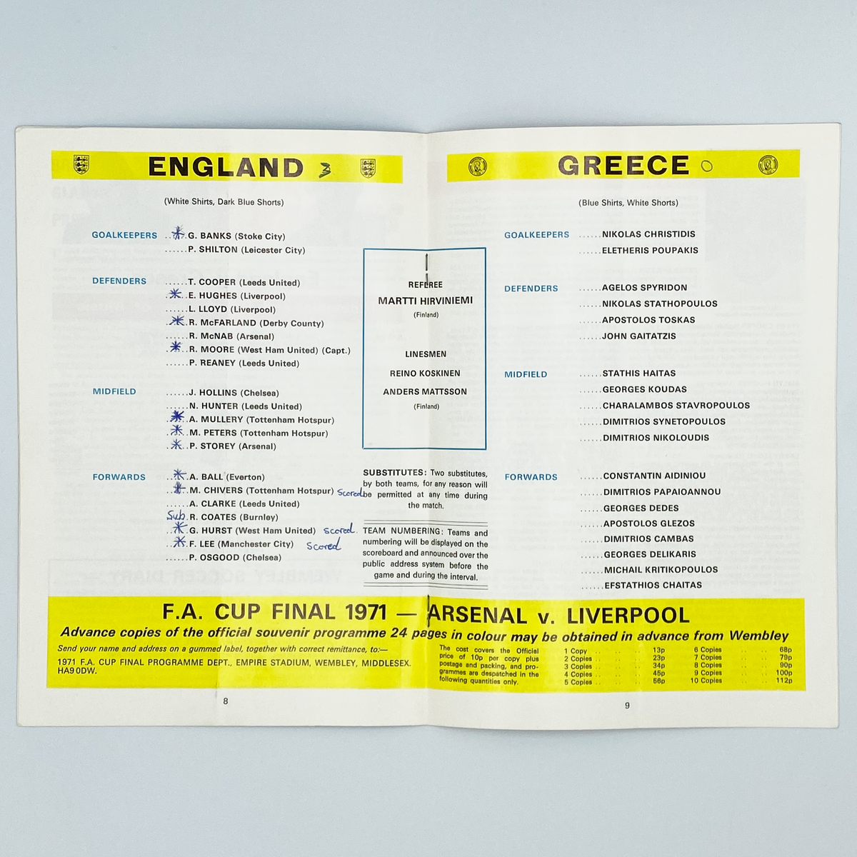 England vs Greece Programme (21 April 1971)
