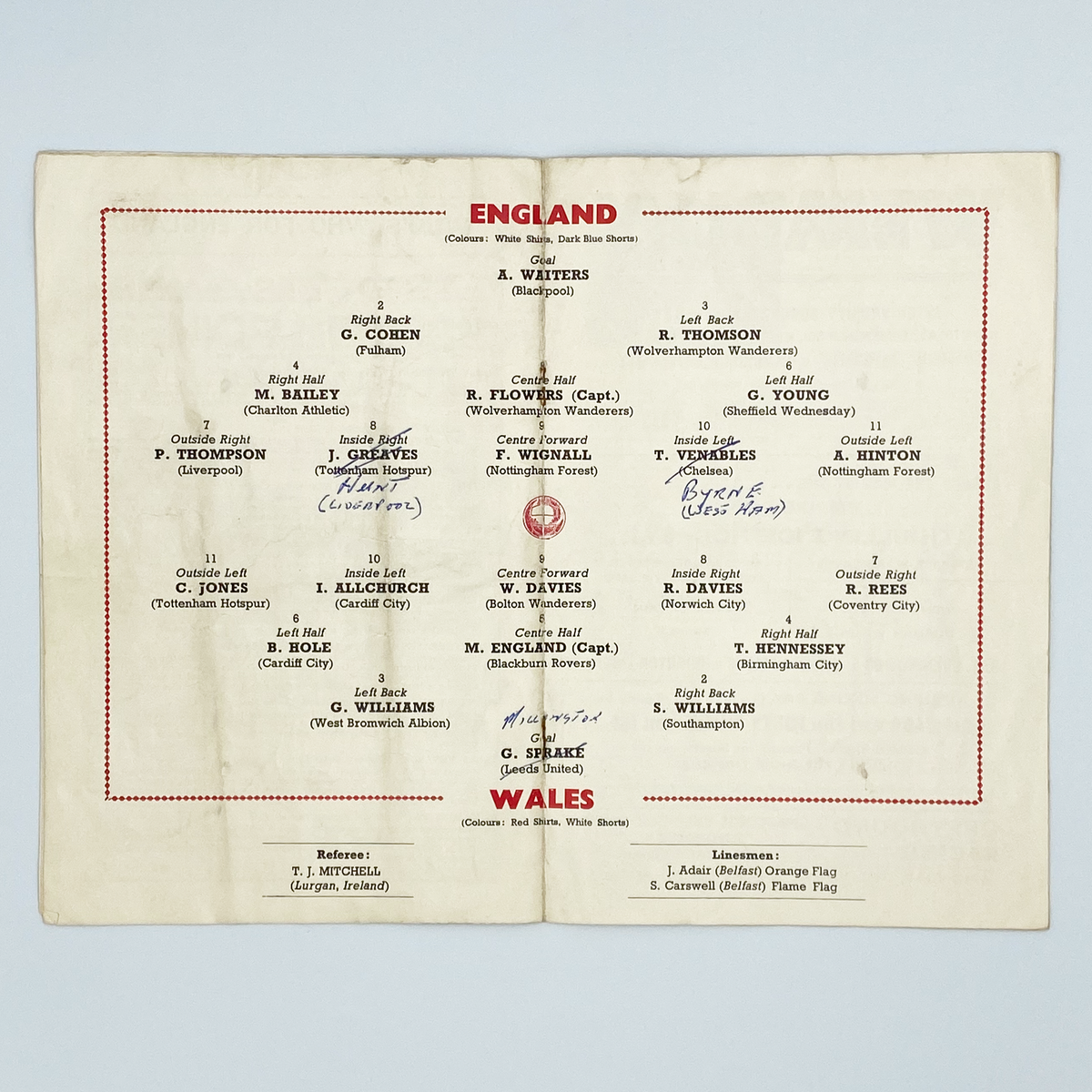 England vs Wales Programme (18 November 1964)