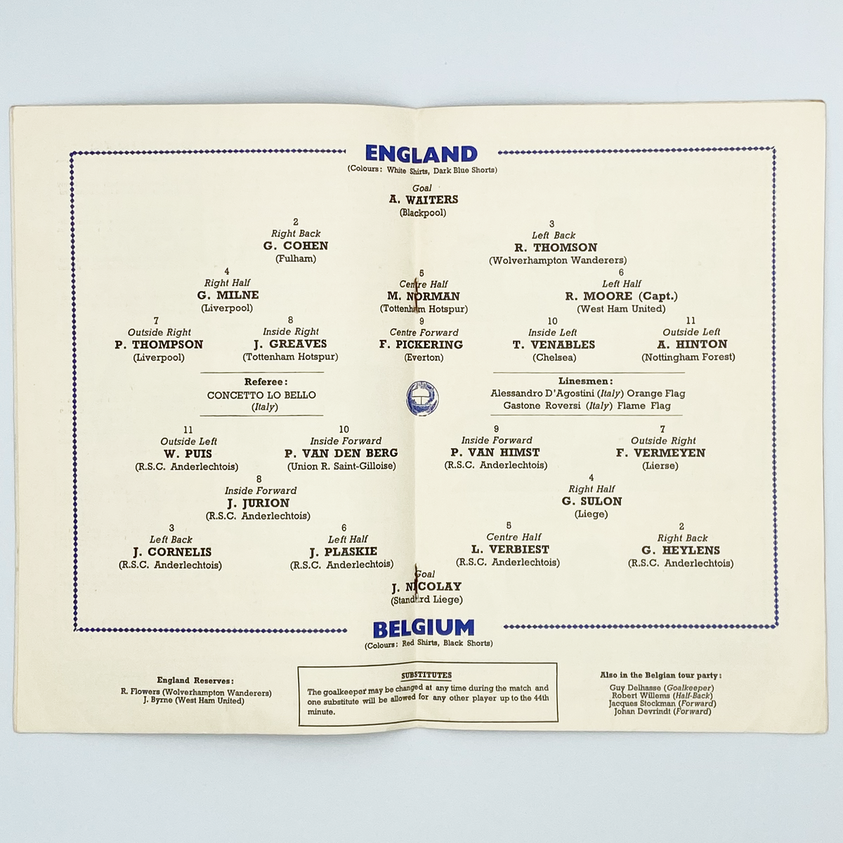 England vs Belgium Programme (21 October 1964)