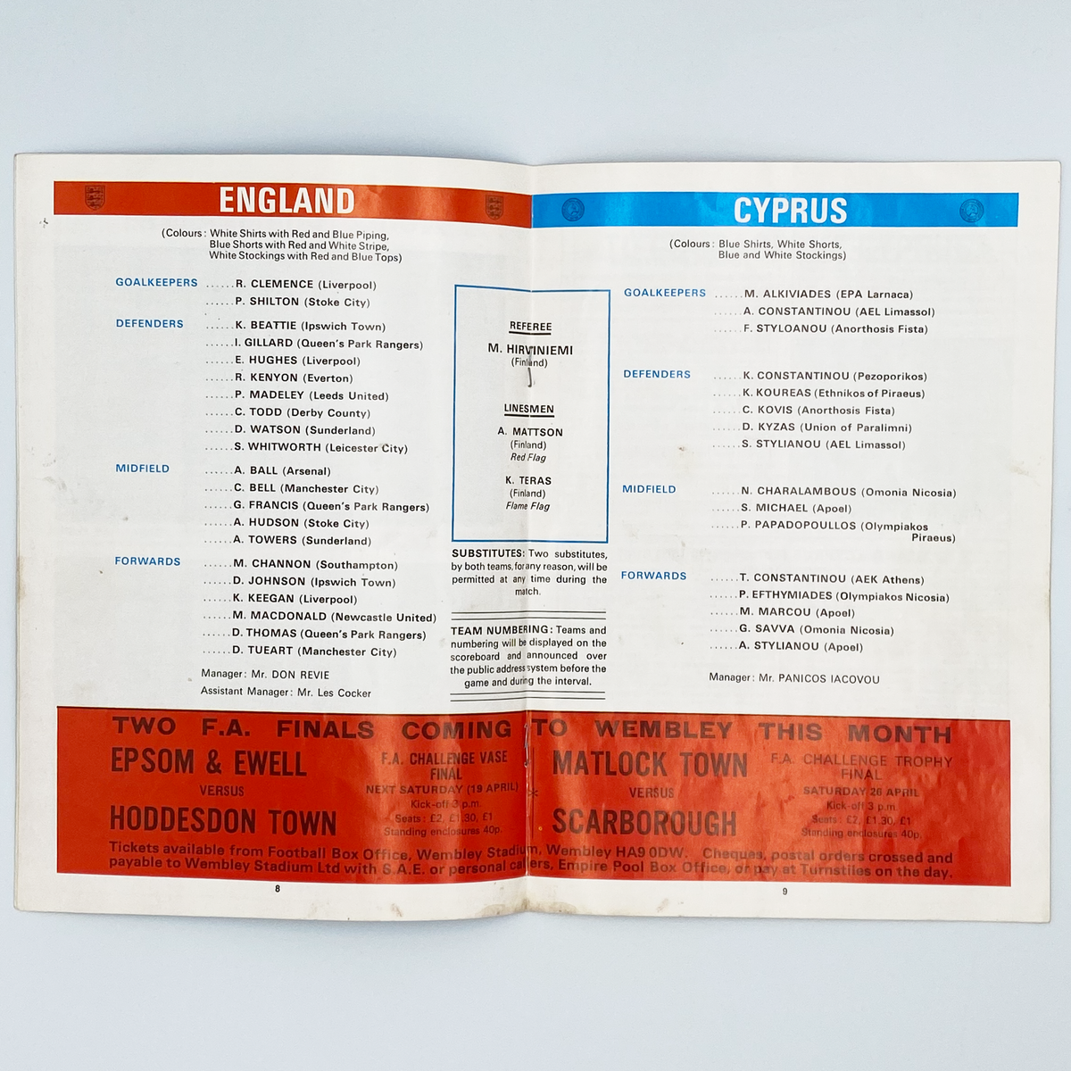 England vs Cyprus Programme (16 April 1975)