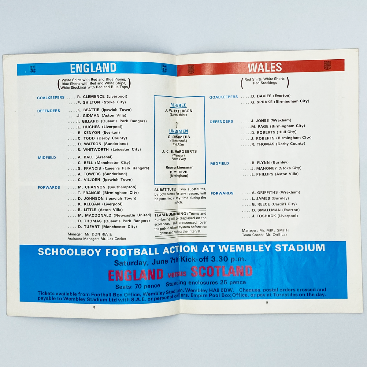 England vs Wales Programme & Ticket (21 May 1975)