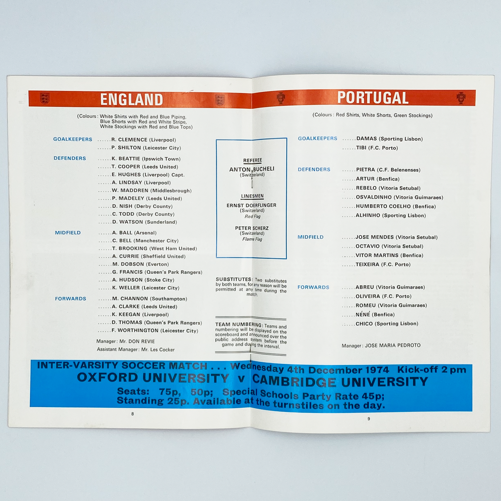 England vs Portugal Programme & Ticket (20 November 1974)
