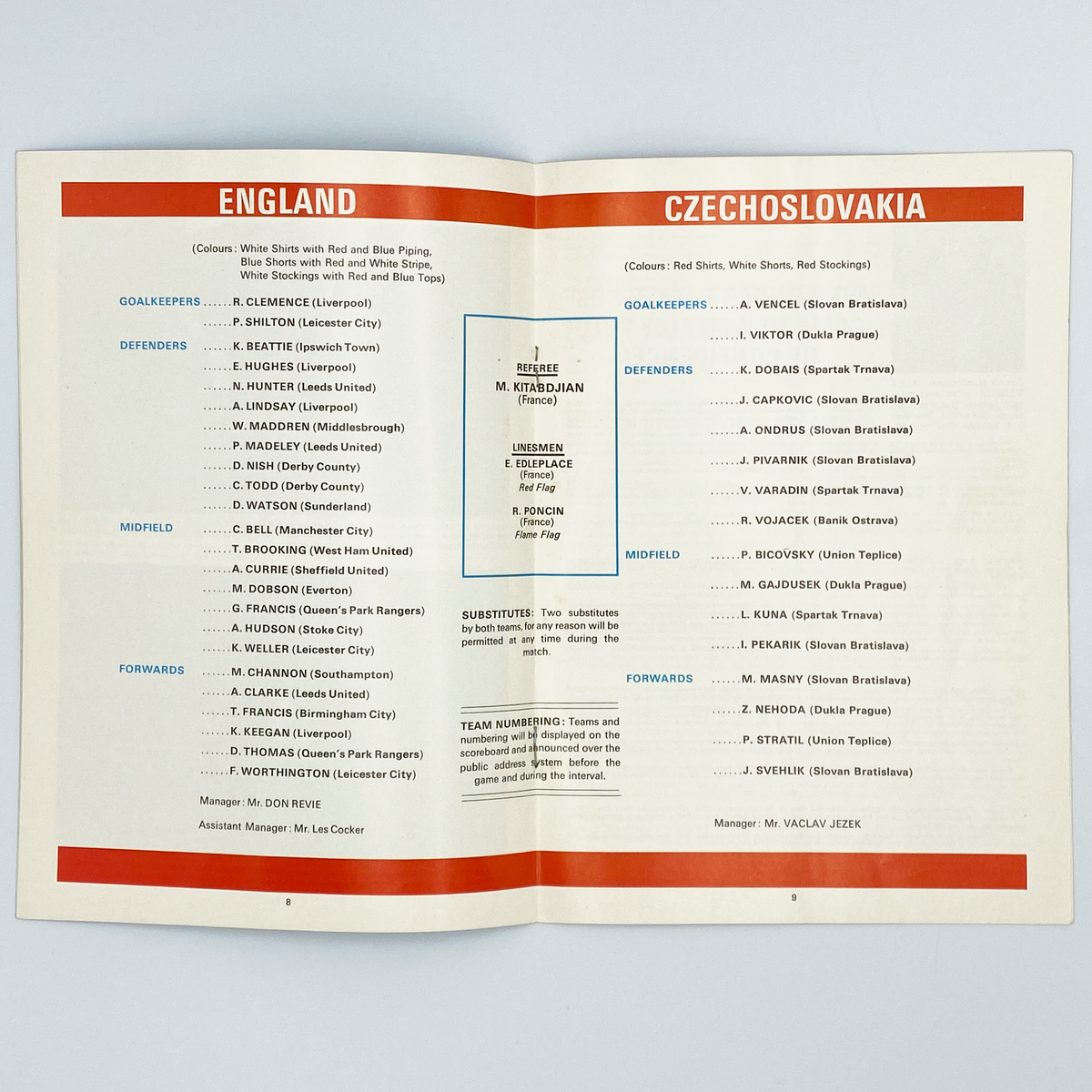 England vs Czechoslovakia Programme & Ticket (30 October 1974)