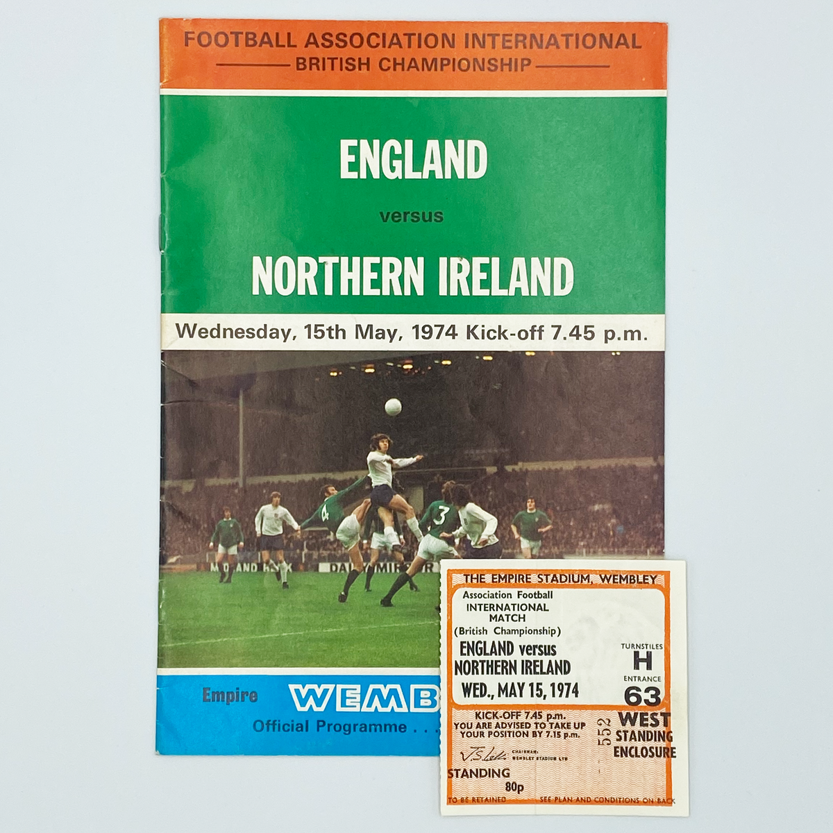 England vs Northern Ireland Programme & Ticket (15 May 1974)